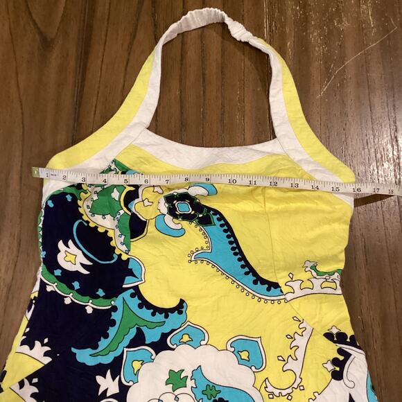 Muse yellow blue halter retro Floral Tropical Halter waffle cotton Dress Size 6 - Picture 5 of 10